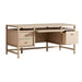 Crate & Barrel Keane 65" Weathered Natural Wood Desk with Outlets shown with drawers open to reveal storage and a keyboard tray