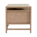 Crate & Barrel Keane 65" Weathered Natural Wood Desk with Outlets side view highlighting its sturdy frame and open storage shelf