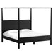 Crate & Barrel Keane Black Solid Wood King Canopy Bed is shown at an angle, featuring its minimalist black canopy frame and solid wood construction
