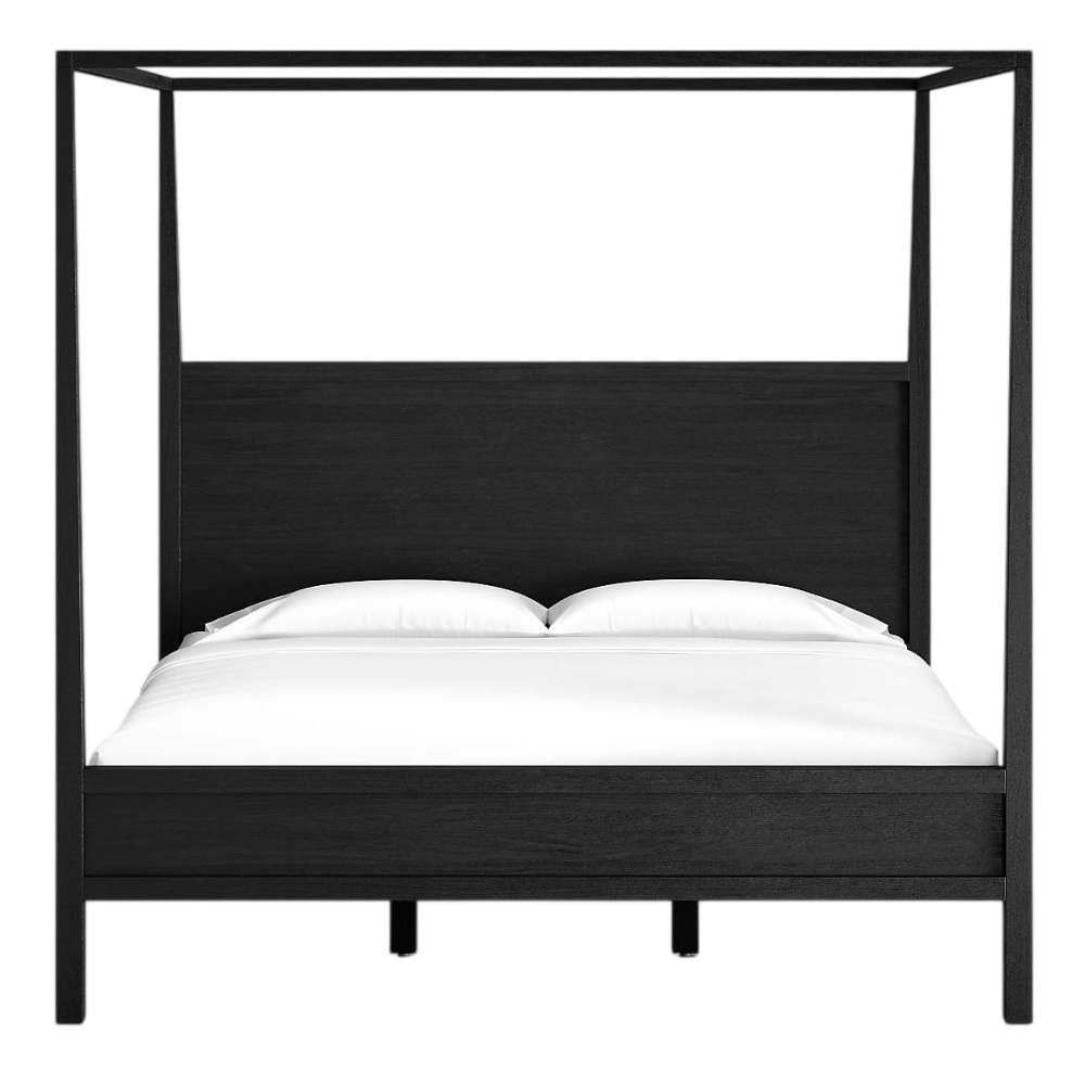 Crate & Barrel Keane Black Solid Wood King Canopy Bed is shown from the front on a white background, highlighting its bold black canopy frame and simple modern design