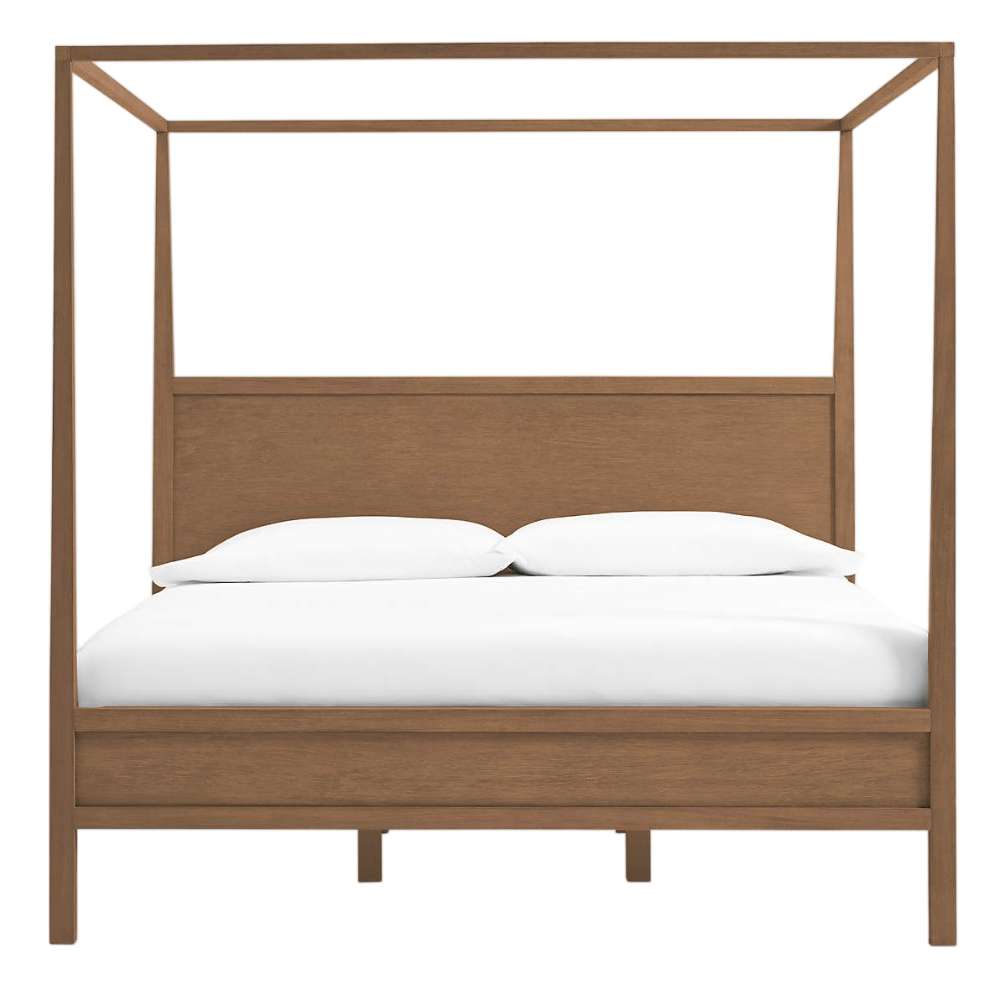 Crate & Barrel Keane Solid Driftwood King Canopy Bed is shown from the front on a white background, highlighting its clean-lined canopy frame and solid wood design