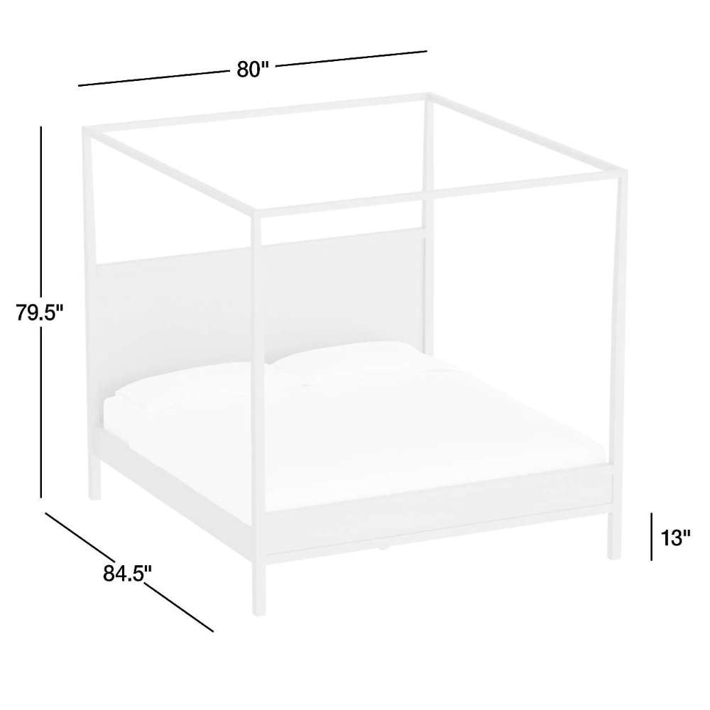 Crate & Barrel Keane Solid Wood King Canopy Bed dimension diagram shows an 80-inch-wide, 84.5-inch-deep canopy bed with a 79.5-inch height and a 13-inch floor clearance