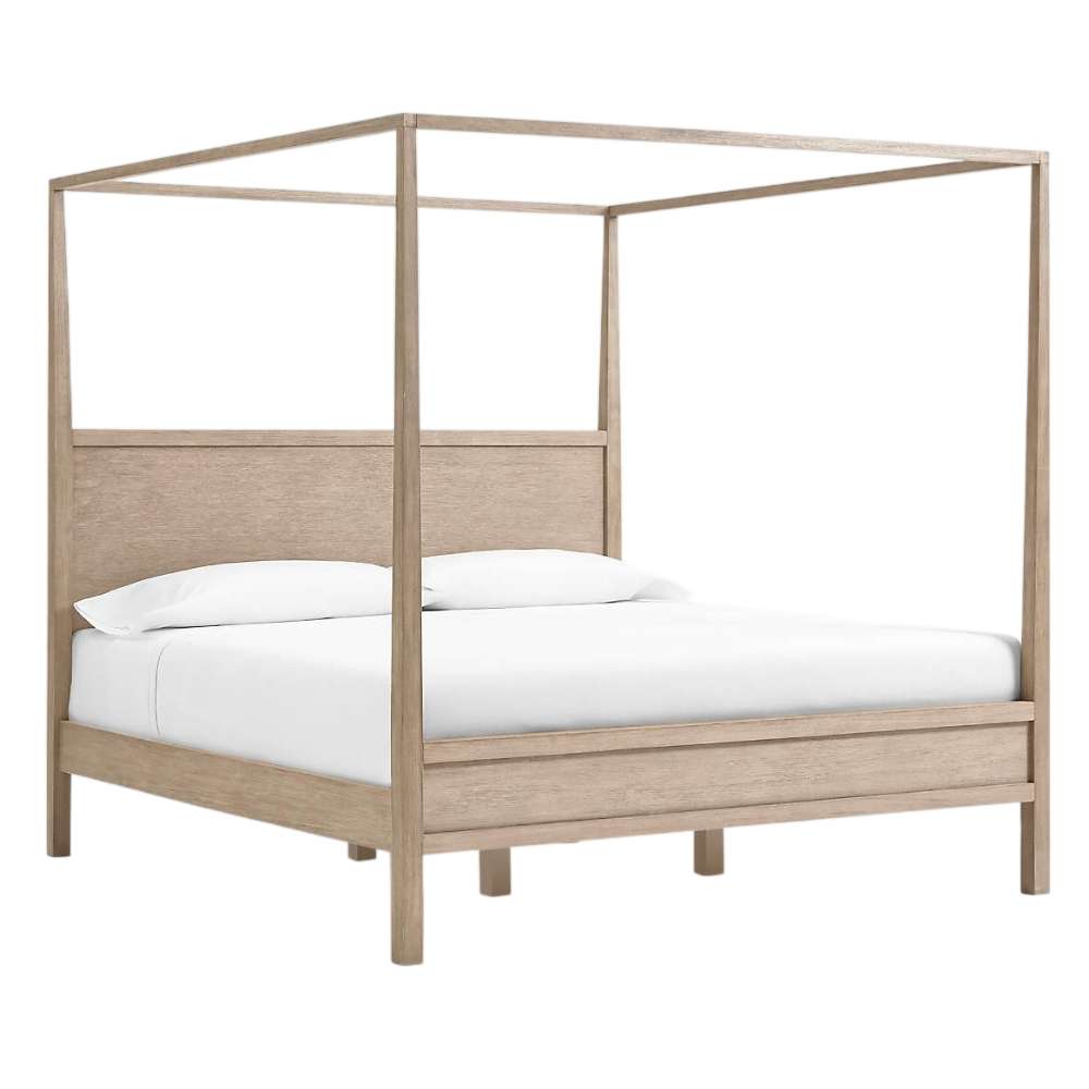 Crate & Barrel Keane Weathered Natural Solid Wood King Canopy Bed is shown at an angle, highlighting its weathered wood finish, clean-lined canopy frame, and solid wood construction