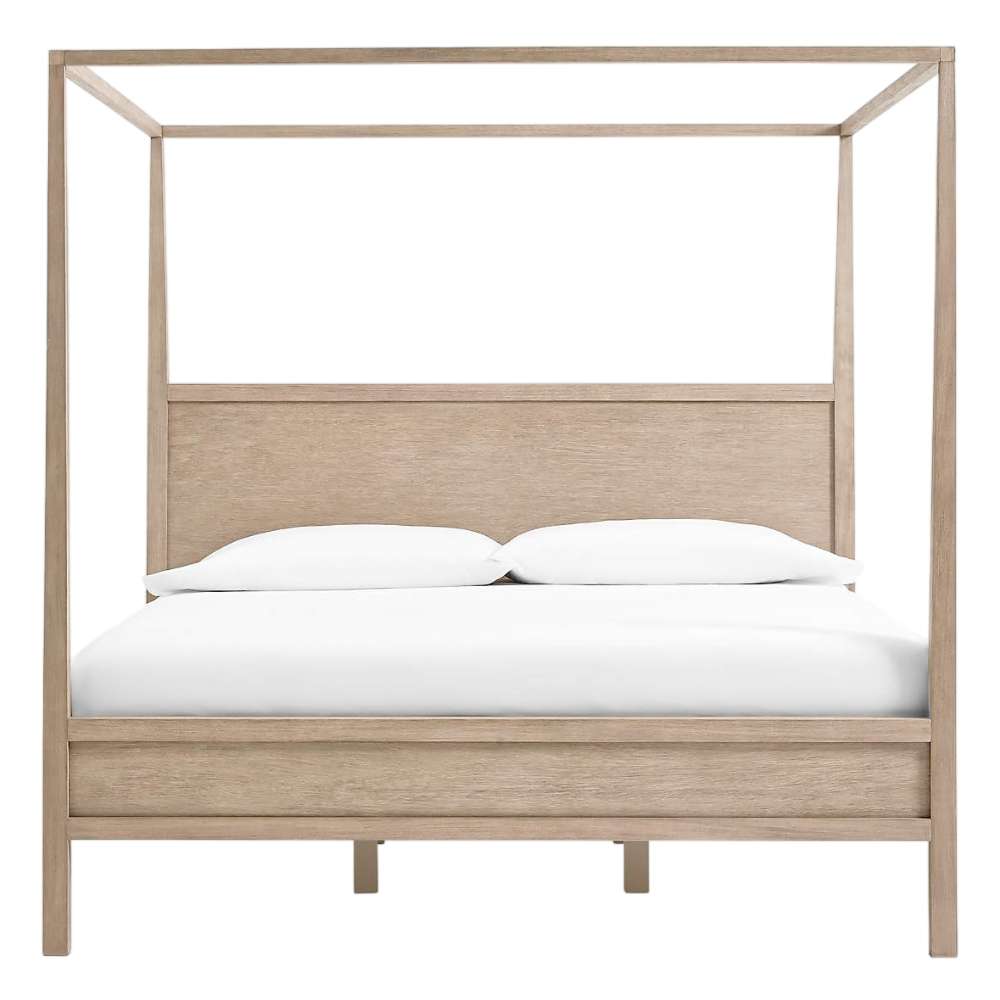 Crate & Barrel Keane Weathered Natural Solid Wood King Canopy Bed is shown from the front, featuring a minimalist canopy frame and wide solid wood headboard