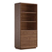 Crate & Barrel Lafayette 36" Walnut Open Storage Bookcase featuring two open shelves above a drawer and double-door cabinet for organized storage