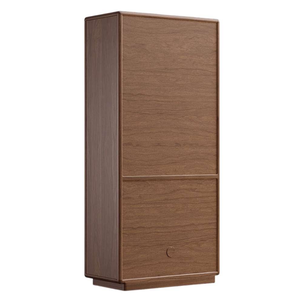 Crate & Barrel Lafayette 36" Walnut Open Storage Bookcase shown with its upper cabinet doors closed for a clean, streamlined look