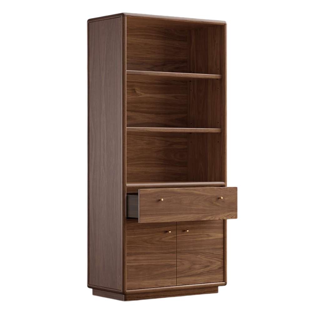 Crate & Barrel Lafayette 36" Walnut Open Storage Bookcase with the center drawer pulled open to reveal spacious hidden storage