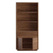Crate & Barrel Lafayette 36" Walnut Open Storage Bookcase with the lower cabinet doors open to show the interior storage compartment