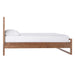 Crate & Barrel Linea Natural Teak Wood Bed shown from the side with white bedding on a plain white background