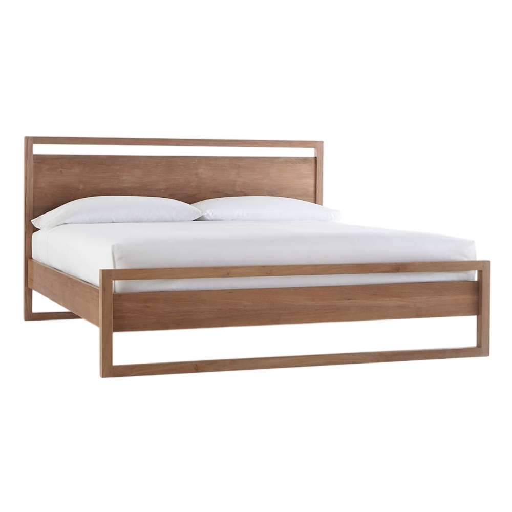 Crate & Barrel Linea Natural Teak Wood King Bed with a natural teak frame, white bedding, and a clean white background