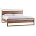 Crate & Barrel Linea Natural Teak Wood King Bed with a natural teak frame, white bedding, and a clean white background