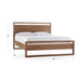 Crate & Barrel Linea Natural Teak Wood Queen Bed shown with its overall dimensions, featuring a natural teak frame and white bedding on a white background