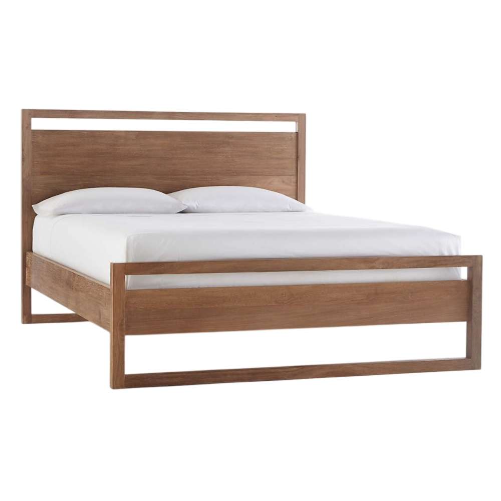 Crate & Barrel Linea Natural Teak Wood Queen Bed with a natural teak frame, white bedding, and a clean white background