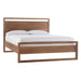 Crate & Barrel Linea Natural Teak Wood Queen Bed with a natural teak frame, white bedding, and a clean white background