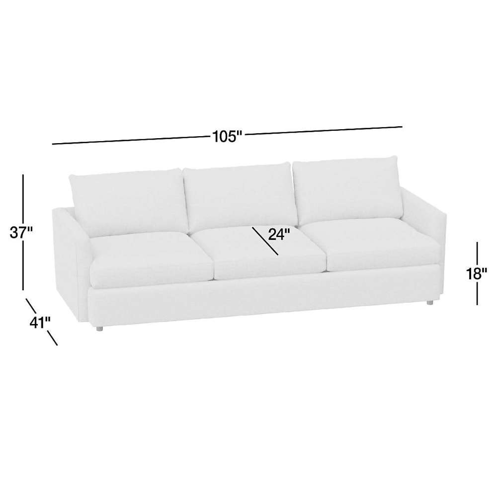 Crate & Barrel Lounge 105" Grande Sofa dimensions showing a 105-inch width, 41-inch depth, 37-inch height, 24-inch seat depth, and 18-inch seat height