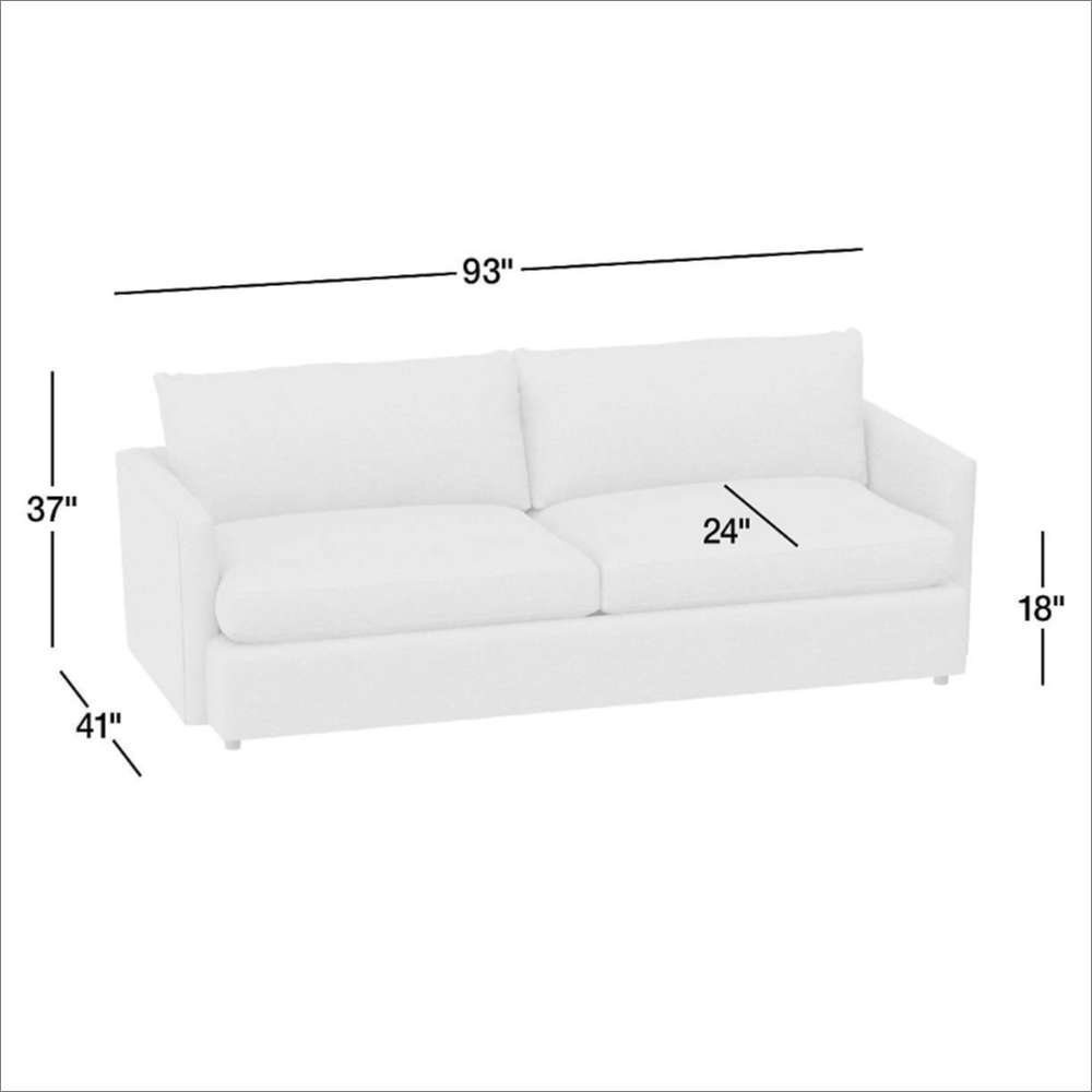 Crate & Barrel Lounge 93" Sofa dimensions showing a 93-inch width, 41-inch depth, 37-inch height, 24-inch seat depth, and 18-inch seat height