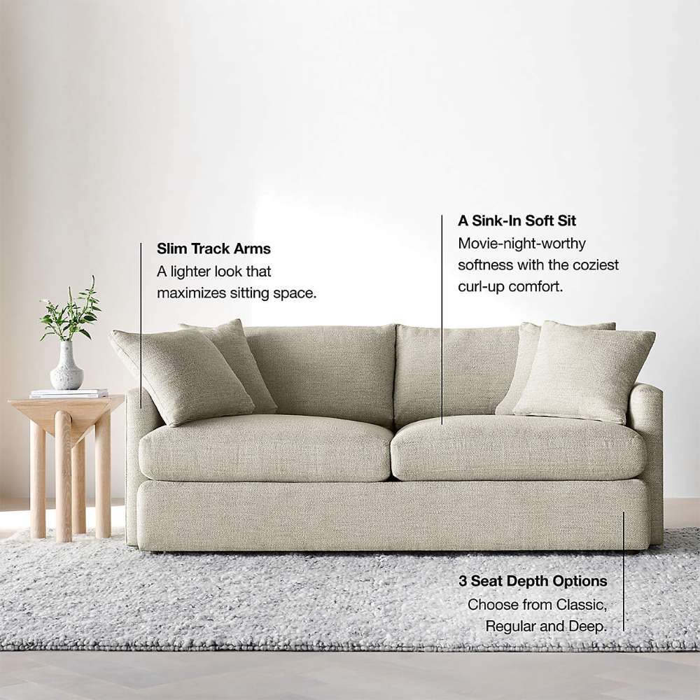 Crate & Barrel Lounge Sofa infographic highlighting slim track arms, sink-in soft cushions, and three seat depth options for customizable comfort