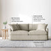 Crate & Barrel Lounge Sofa infographic highlighting slim track arms, sink-in soft cushions, and three seat depth options for customizable comfort