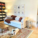 Crate & Barrel Lounge Sofa styled in a cozy living room with decorative pillows, a throw blanket, a patterned rug, and a dog resting nearby