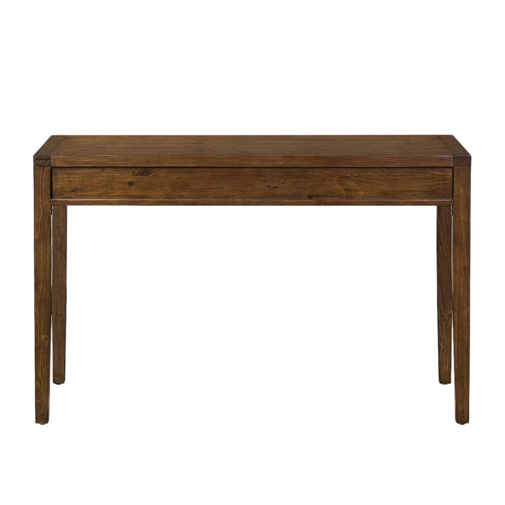 Crate & Barrel Morris 48" Chocolate Brown Writing Desk shown from the back, highlighting its clean lines, wood grain, and tapered legs
