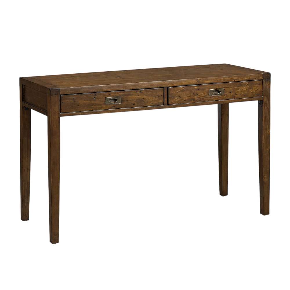 Crate & Barrel Morris 48" Chocolate Brown Writing Desk shown from the front with two drawers, slim legs, and a warm wood finish