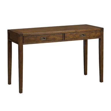 Crate & Barrel Morris 48" Chocolate Brown Writing Desk shown from the front with two drawers, slim legs, and a warm wood finish