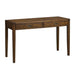 Crate & Barrel Morris 48" Chocolate Brown Writing Desk shown from the front with two drawers, slim legs, and a warm wood finish
