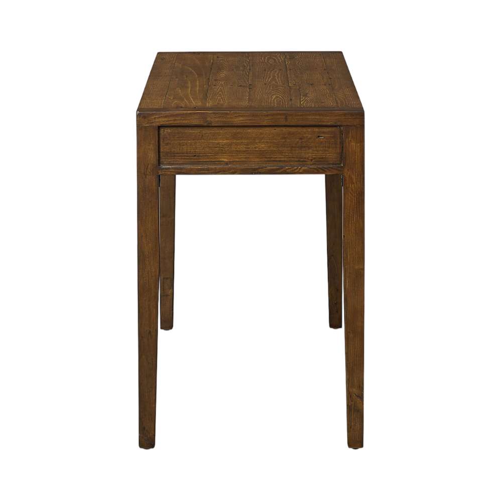 Crate & Barrel Morris 48" Chocolate Brown Writing Desk shown from the side, displaying its slim profile and sturdy wood construction