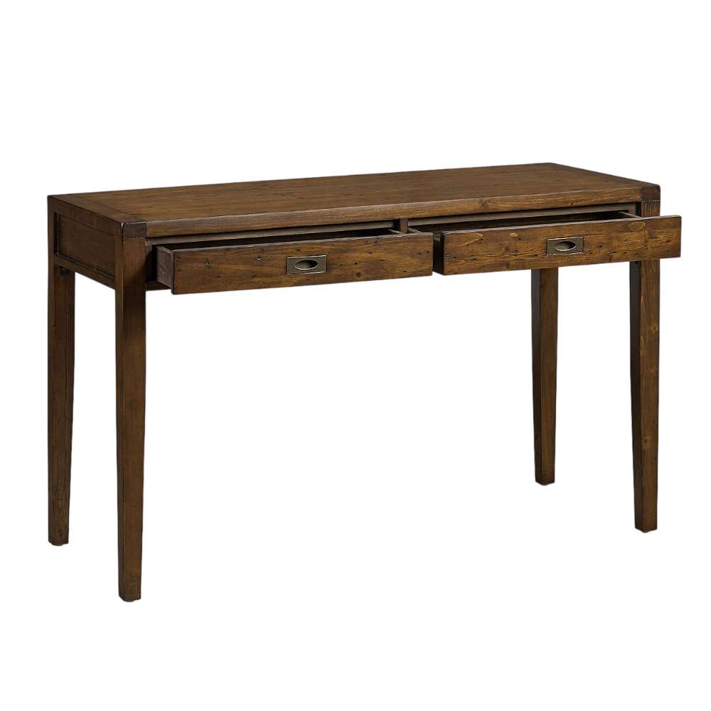 Crate & Barrel Morris 48" Chocolate Brown Writing Desk with both front drawers pulled open to show storage space