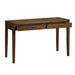 Crate & Barrel Morris 48" Chocolate Brown Writing Desk with both front drawers pulled open to show storage space