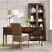 Crate & Barrel Morris 60" Chocolate Brown Writing Desk paired with a woven chair and matching wood storage cabinet in a bright home office