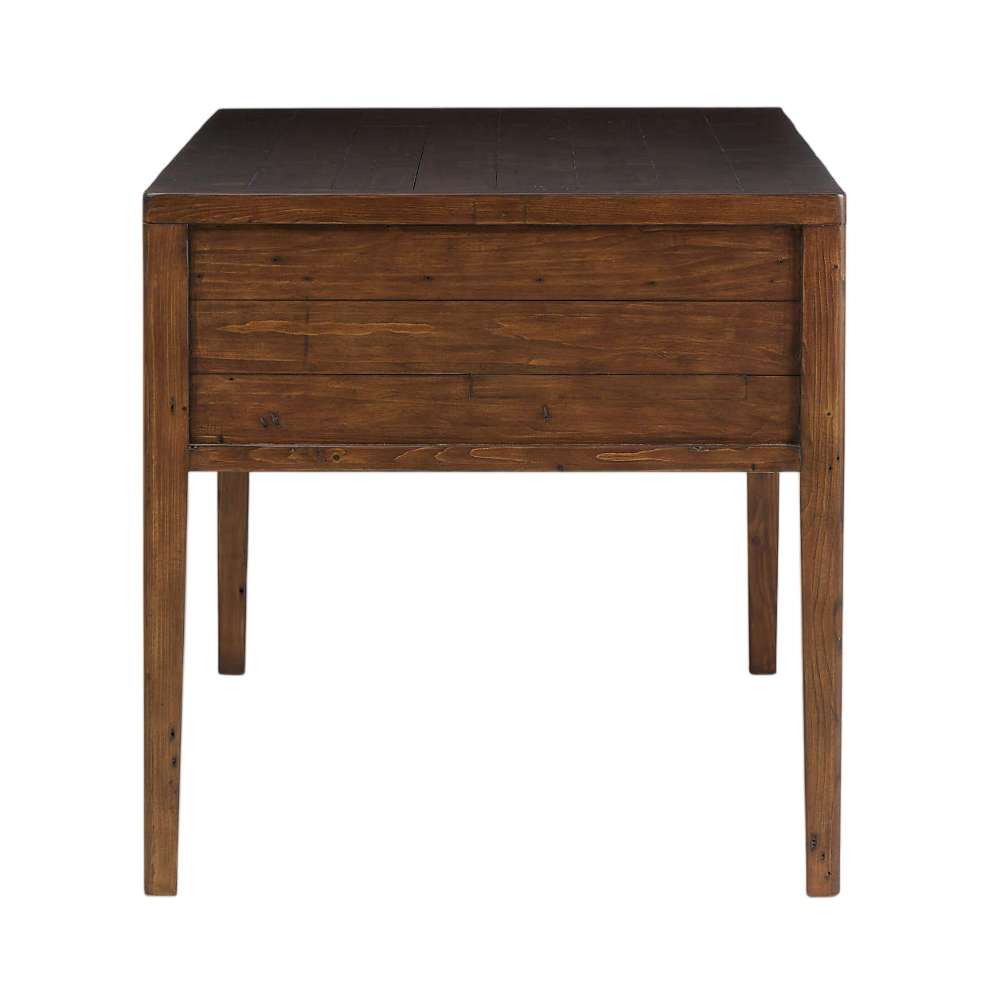 Crate & Barrel Morris 60" Chocolate Brown Writing Desk shown from the side, displaying its solid wood panels and tapered legs