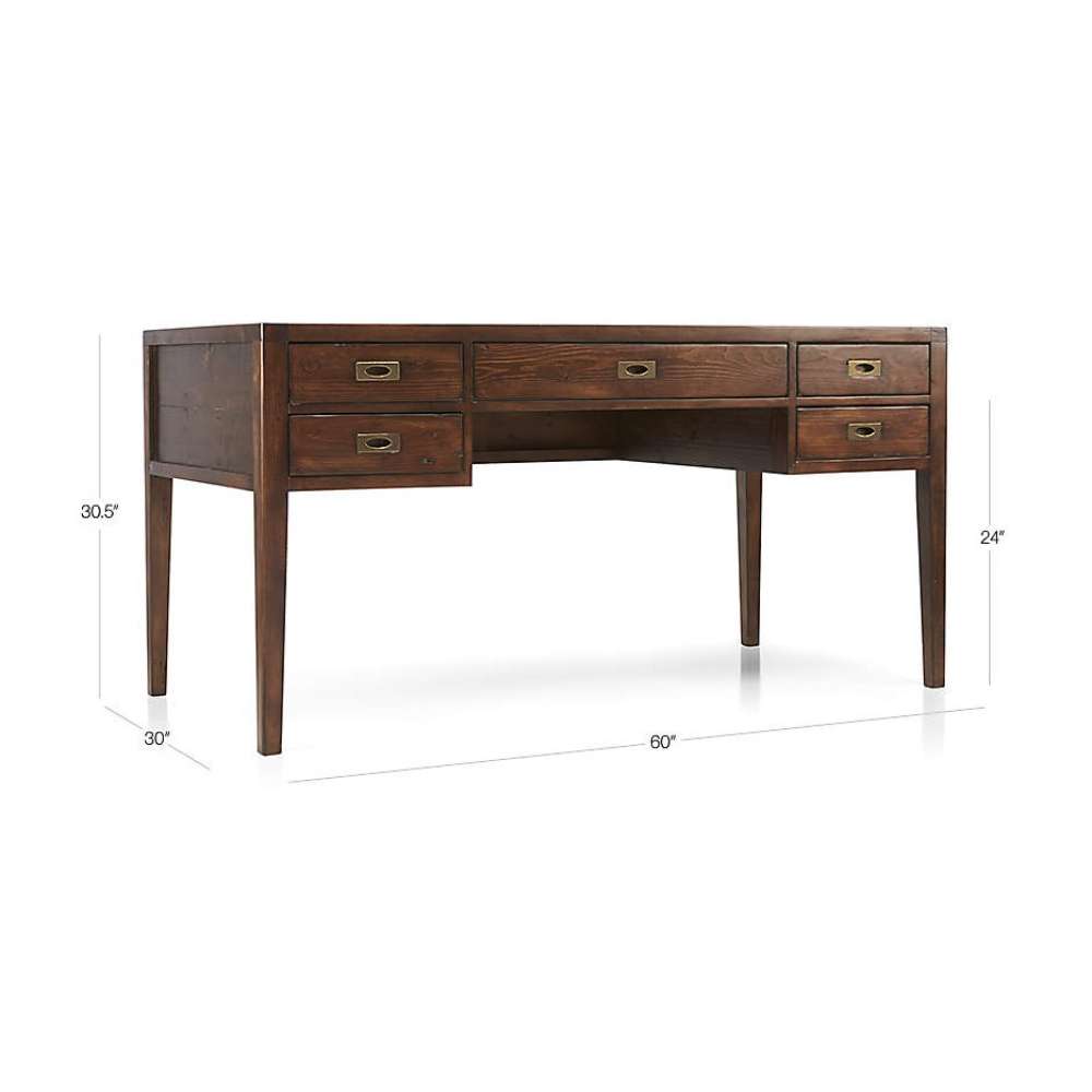 Crate & Barrel Morris 60" Chocolate Brown Writing Desk with dimensions labeled, showing a 60-inch width, 30-inch depth, and 30.5-inch height