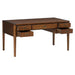 Crate & Barrel Morris 60" Chocolate Brown Writing Desk with multiple drawers open, highlighting its spacious storage compartments and rich wood finish