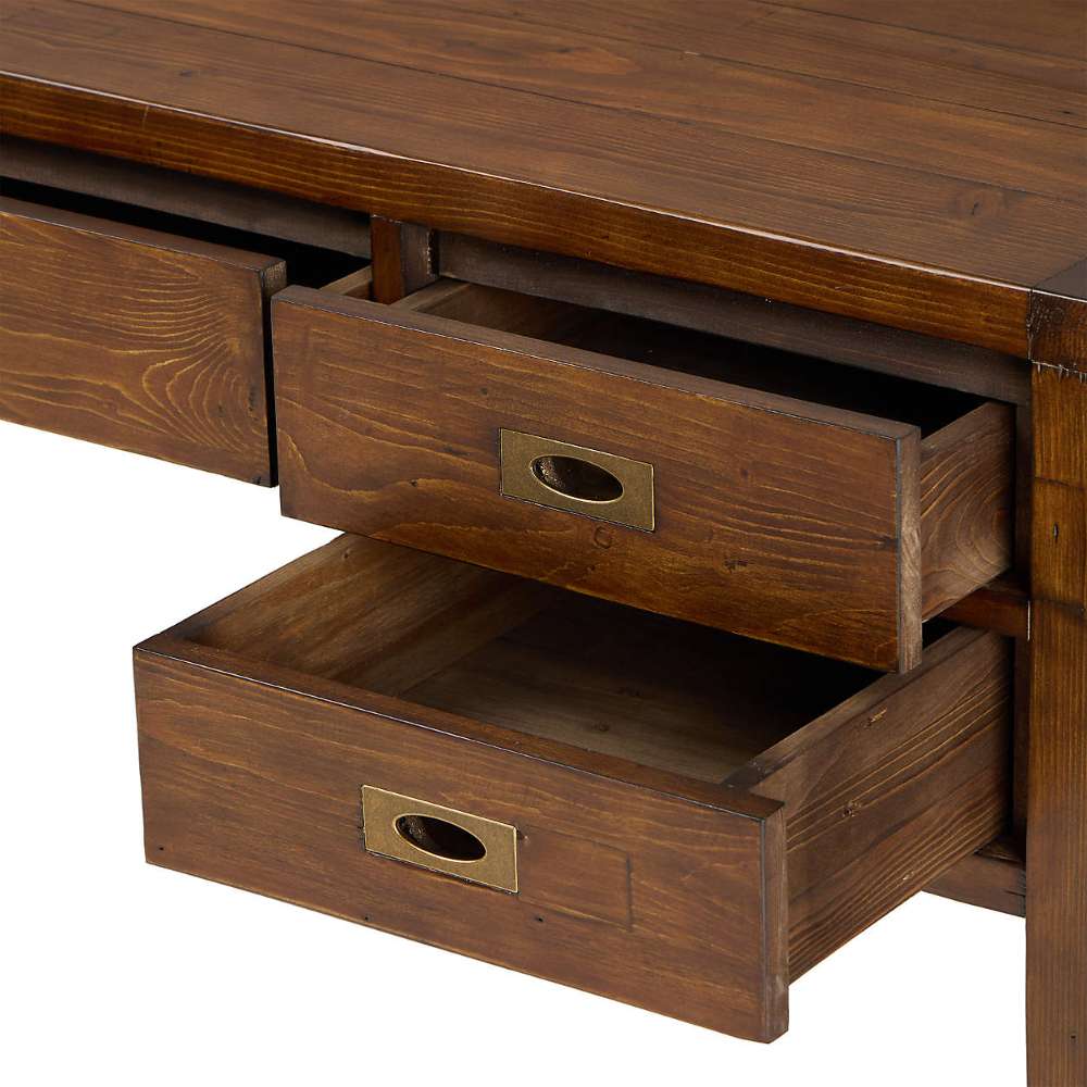 Crate & Barrel Morris 60" Chocolate Brown Writing Desk with multiple drawers pulled open to show spacious storage compartments