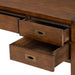 Crate & Barrel Morris 60" Chocolate Brown Writing Desk with multiple drawers pulled open to show spacious storage compartments