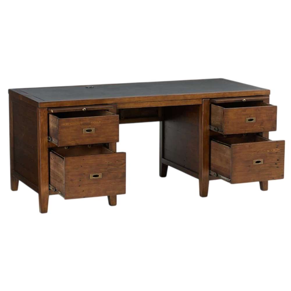Crate & Barrel Morris 72" Chocolate Brown Writing Desk with all drawers open, revealing spacious file and utility storage compartments