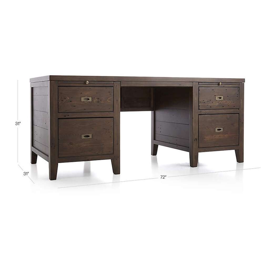 Crate & Barrel Morris 72" Chocolate Brown Writing Desk with dimensions labeled, showing a 72-inch width, 31-inch depth, and 31-inch height