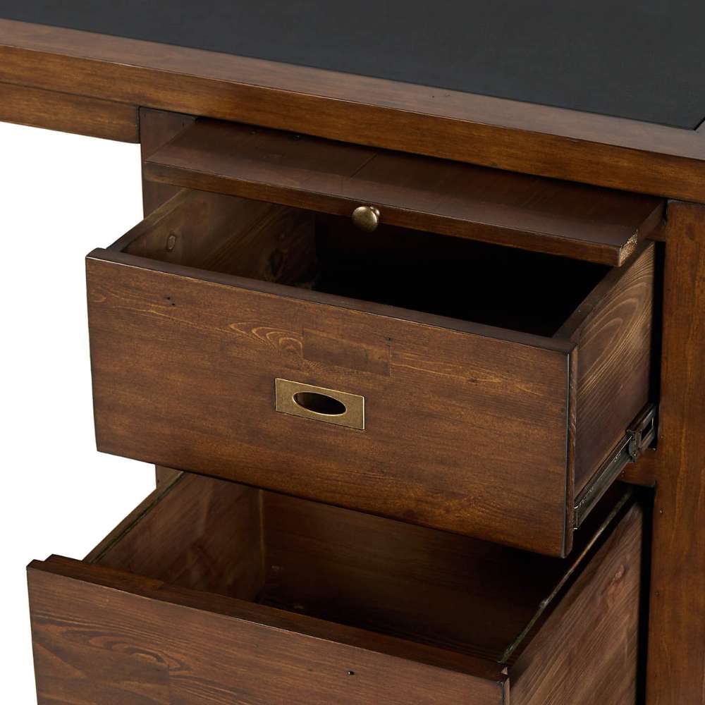 Crate & Barrel Morris 72" Chocolate Brown Writing Desk with file drawers and a utility drawer pulled open to display storage capacity