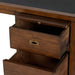 Crate & Barrel Morris 72" Chocolate Brown Writing Desk with file drawers and a utility drawer pulled open to display storage capacity