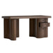 Crate & Barrel Ondule 64" Fumed Oak Brown Desk angled view with one drawer open to display smooth-gliding storage
