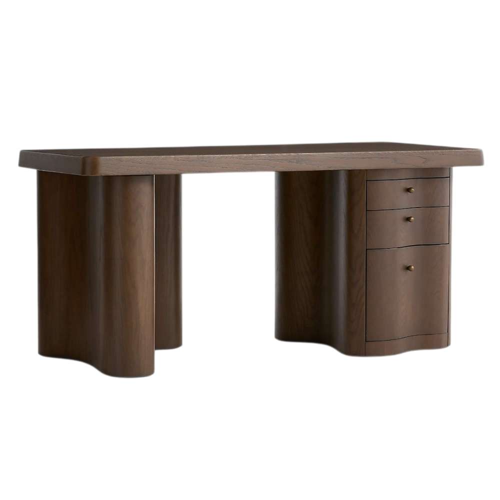 Crate & Barrel Ondule 64" Fumed Oak Brown Desk front angled view featuring curved pedestal legs and built-in drawers