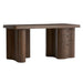 Crate & Barrel Ondule 64" Fumed Oak Brown Desk front angled view featuring curved pedestal legs and built-in drawers