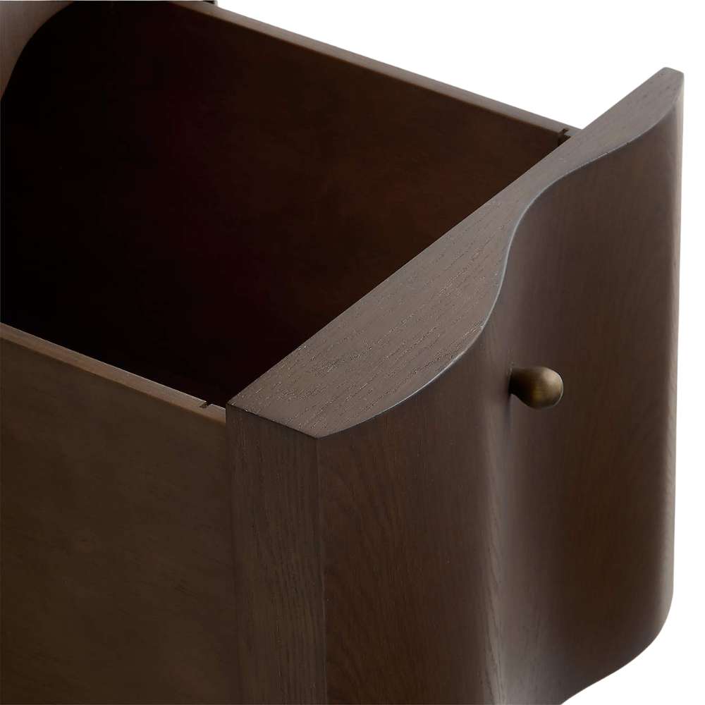 Crate & Barrel Ondule 64" Fumed Oak Brown Desk open file drawer showing its spacious interior ready for folders and office essentials