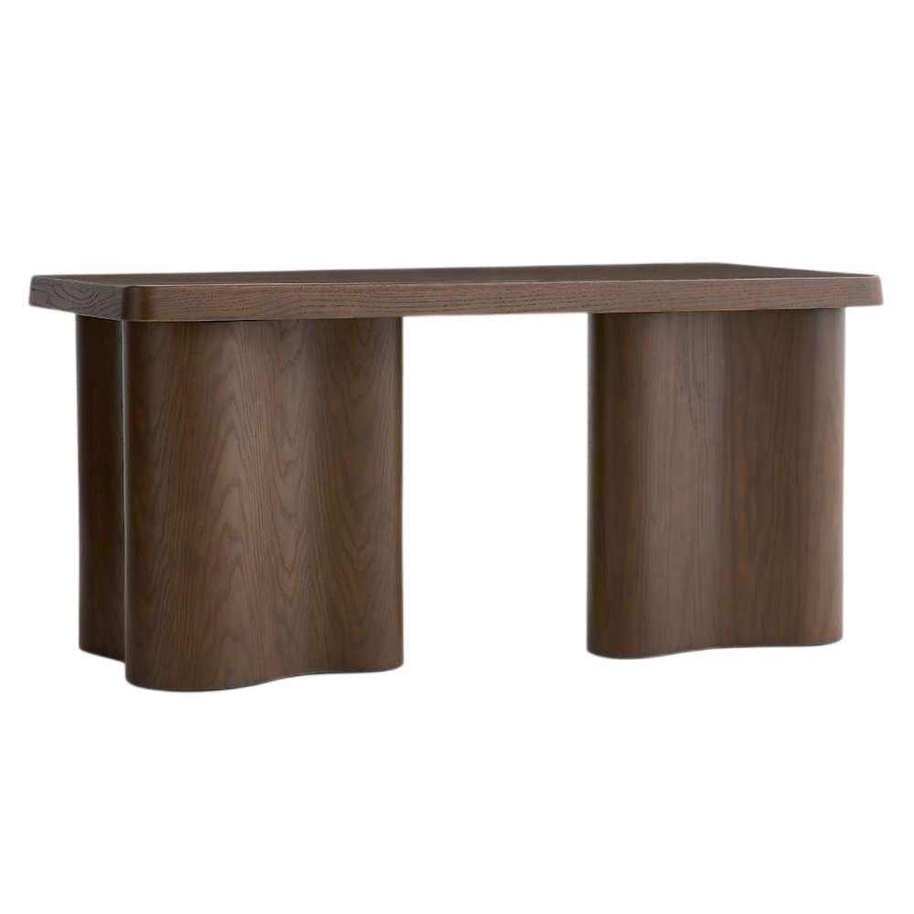 Crate & Barrel Ondule 64" Fumed Oak Brown Desk rear view showcasing its seamless curved pedestal design and clean finish