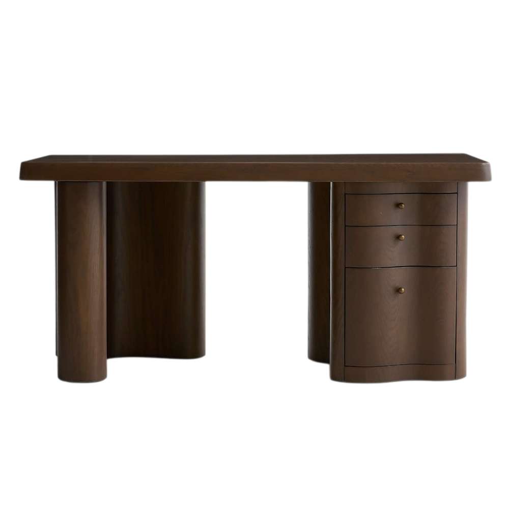 Crate & Barrel Ondule 64" Fumed Oak Brown Desk shown from the front with three drawers and a spacious work surface