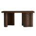 Crate & Barrel Ondule 64" Fumed Oak Brown Desk shown from the front with three drawers and a spacious work surface