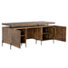 Crate & Barrel Raffael Carved Wood Executive Desk with both cabinet doors open, revealing spacious shelves and storage compartments beneath the desktop