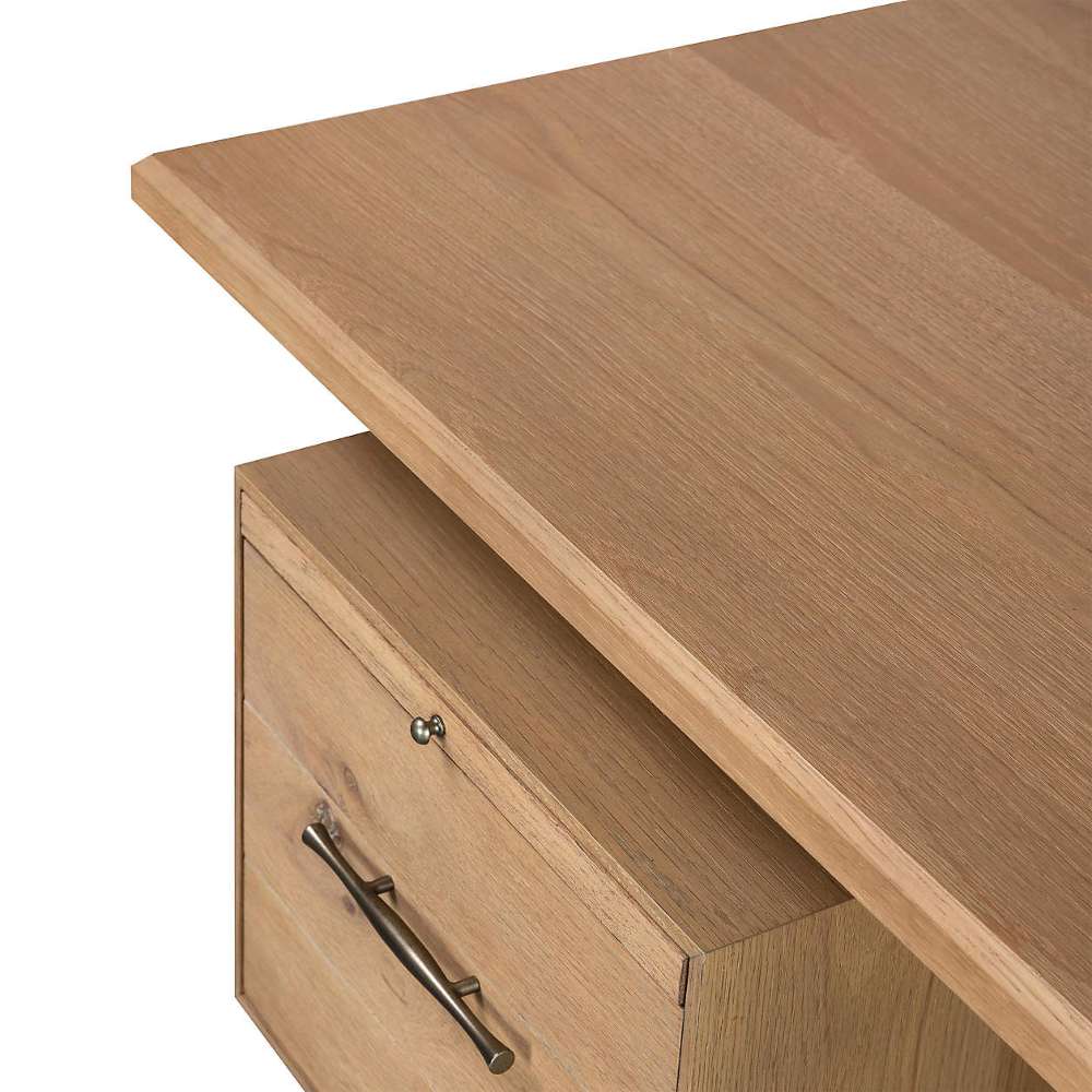Crate & Barrel Sedgwick Solid Oak Wood Desk with Storage features a pull-out keyboard tray beneath the spacious oak desktop