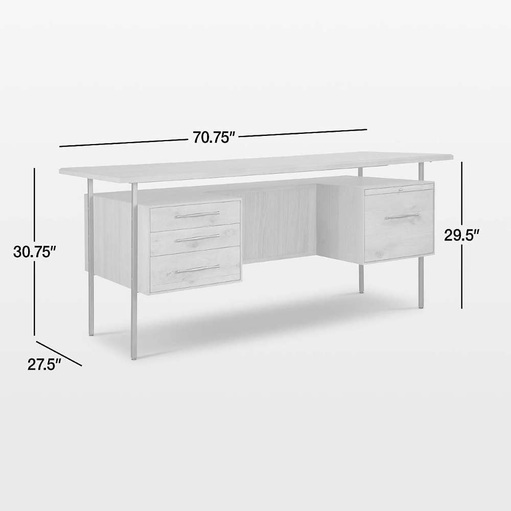 Crate & Barrel Sedgwick Solid Wood Desk with Storage dimensions image showing a 70.75-inch wide, 27.5-inch deep, and 30.75-inch high desk with a 29.5-inch storage cabinet height